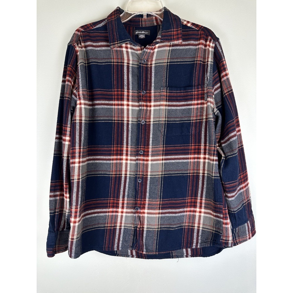 Eddie Bauer Long Sleeve Flannel Men's Shirt L Plaid Cotton Pocket Lumberjack
